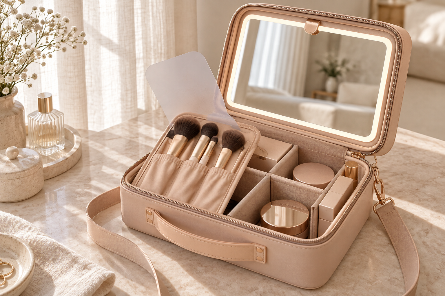 A nude portable vanity case combining a mirror, removable brush holder and divided storage. — AI-generated concept