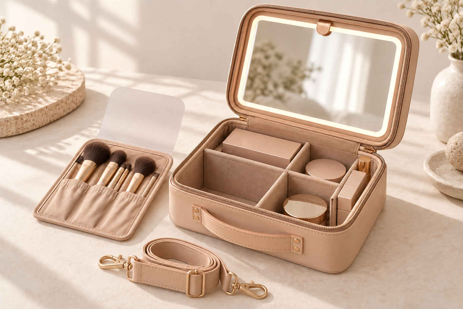 A nude portable vanity case combining a mirror, removable brush holder and divided storage. — AI-generated concept