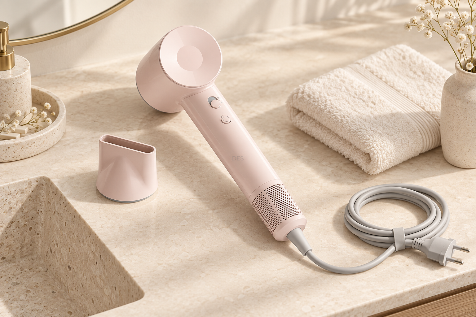 A blush hair dryer, matching nozzle and cotton storage pouch with a fitted packaging concept. — AI-generated concept