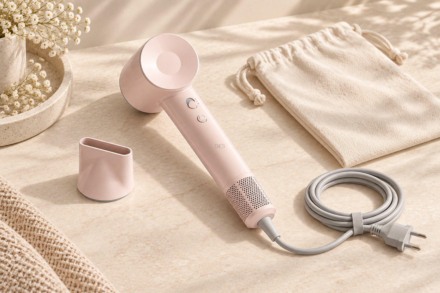 A blush hair dryer, matching nozzle and cotton storage pouch with a fitted packaging concept. — AI-generated concept