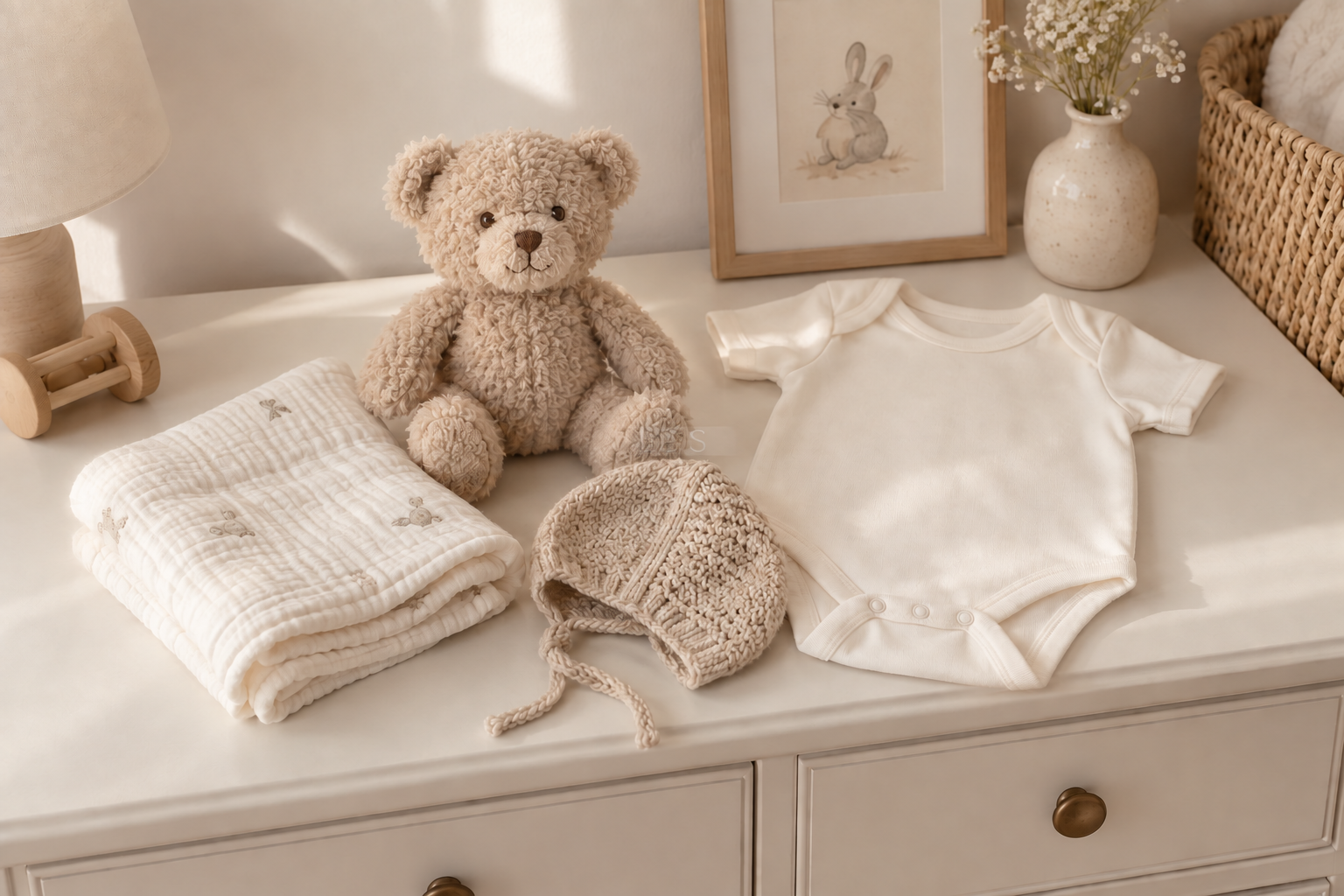 An oatmeal teddy, ivory bodysuit, muslin cloth and knitted bonnet brought together as a newborn gifting concept. — AI-generated concept