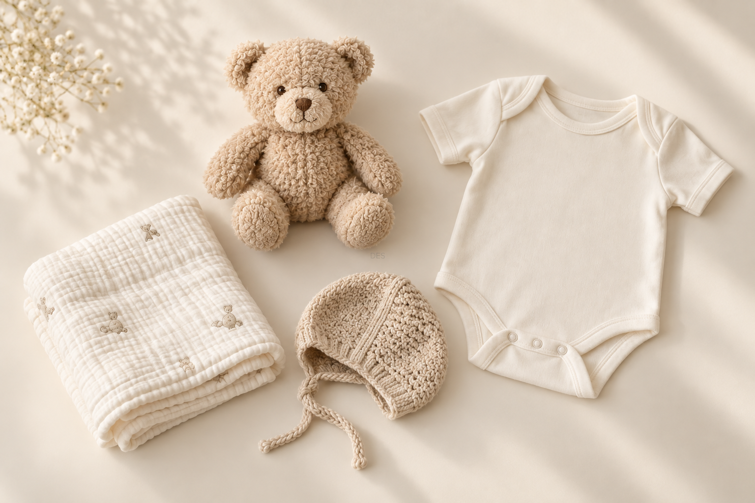 An oatmeal teddy, ivory bodysuit, muslin cloth and knitted bonnet brought together as a newborn gifting concept. — AI-generated concept