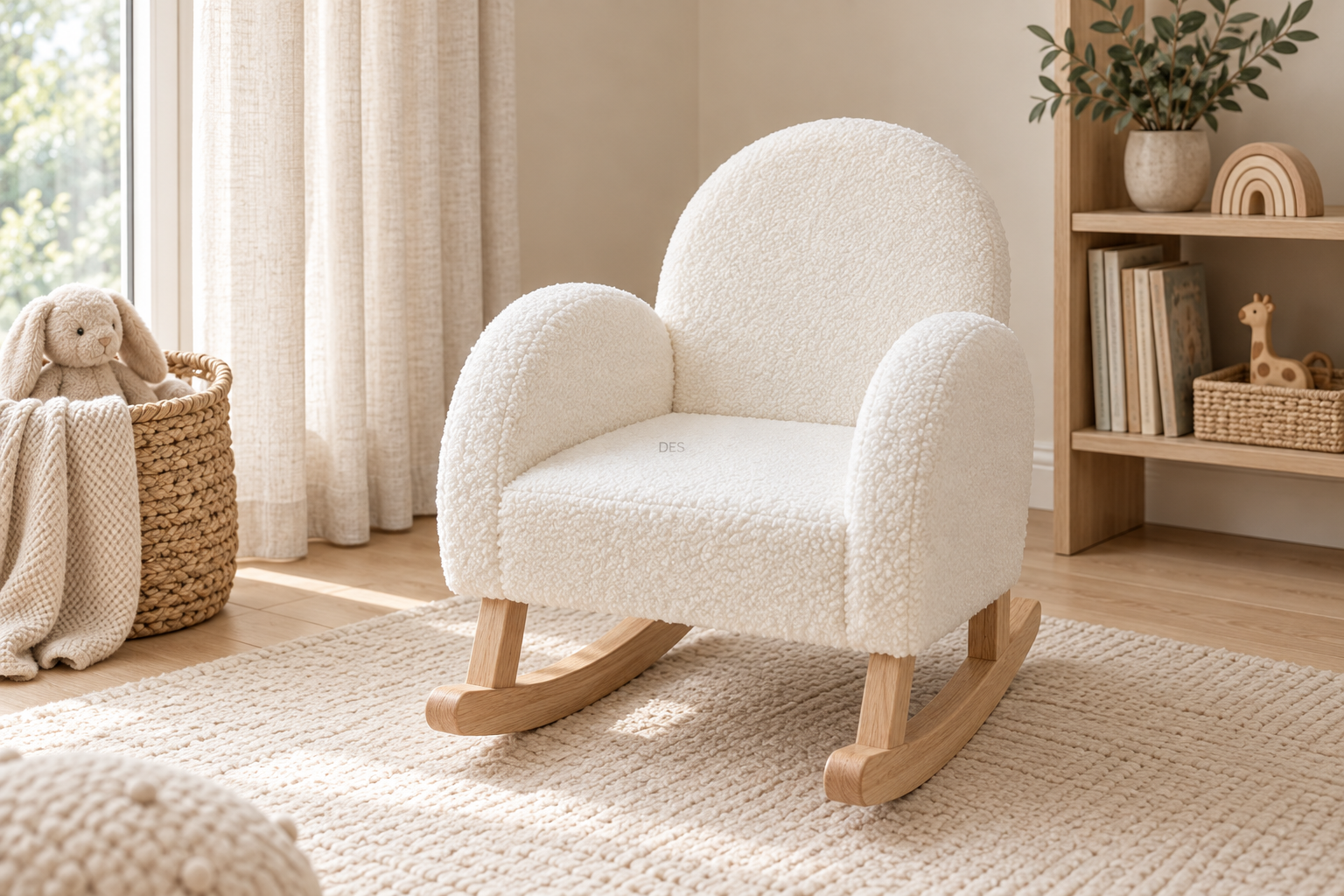 An ivory teddy-texture rocking chair pairing rounded upholstery with pale wood runners. — AI-generated concept