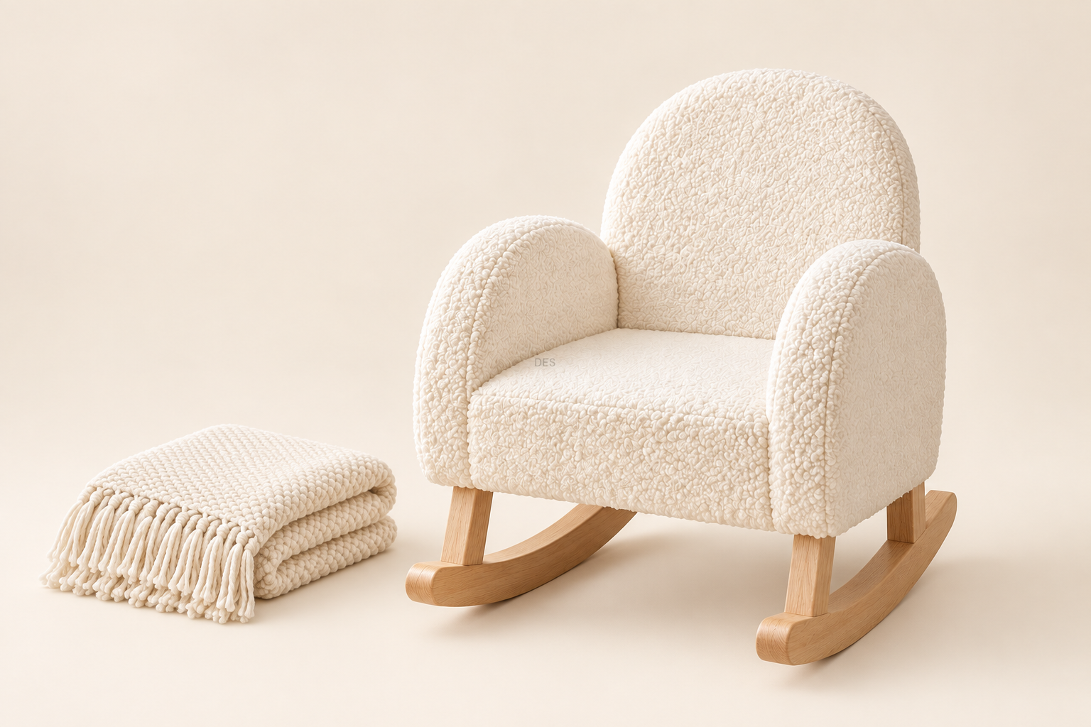 An ivory teddy-texture rocking chair pairing rounded upholstery with pale wood runners. — AI-generated concept