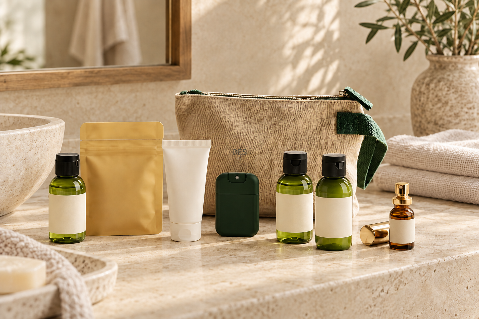 A canvas wash bag and coordinated travel containers in olive, cream and forest green. — AI-generated concept
