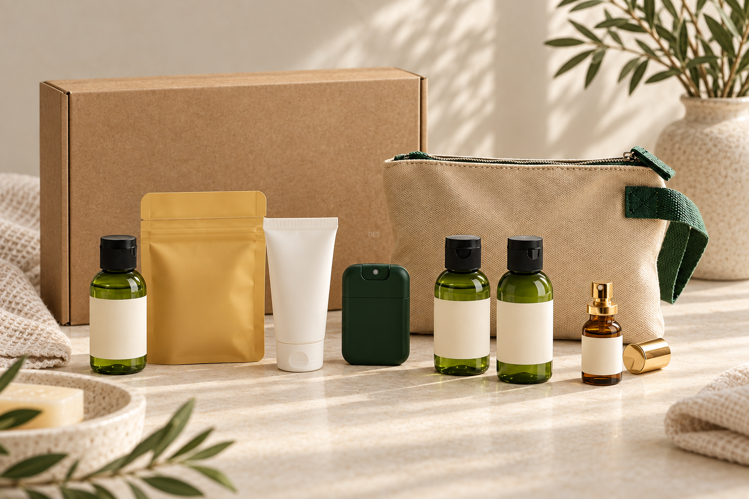 A canvas wash bag and coordinated travel containers in olive, cream and forest green. — AI-generated concept