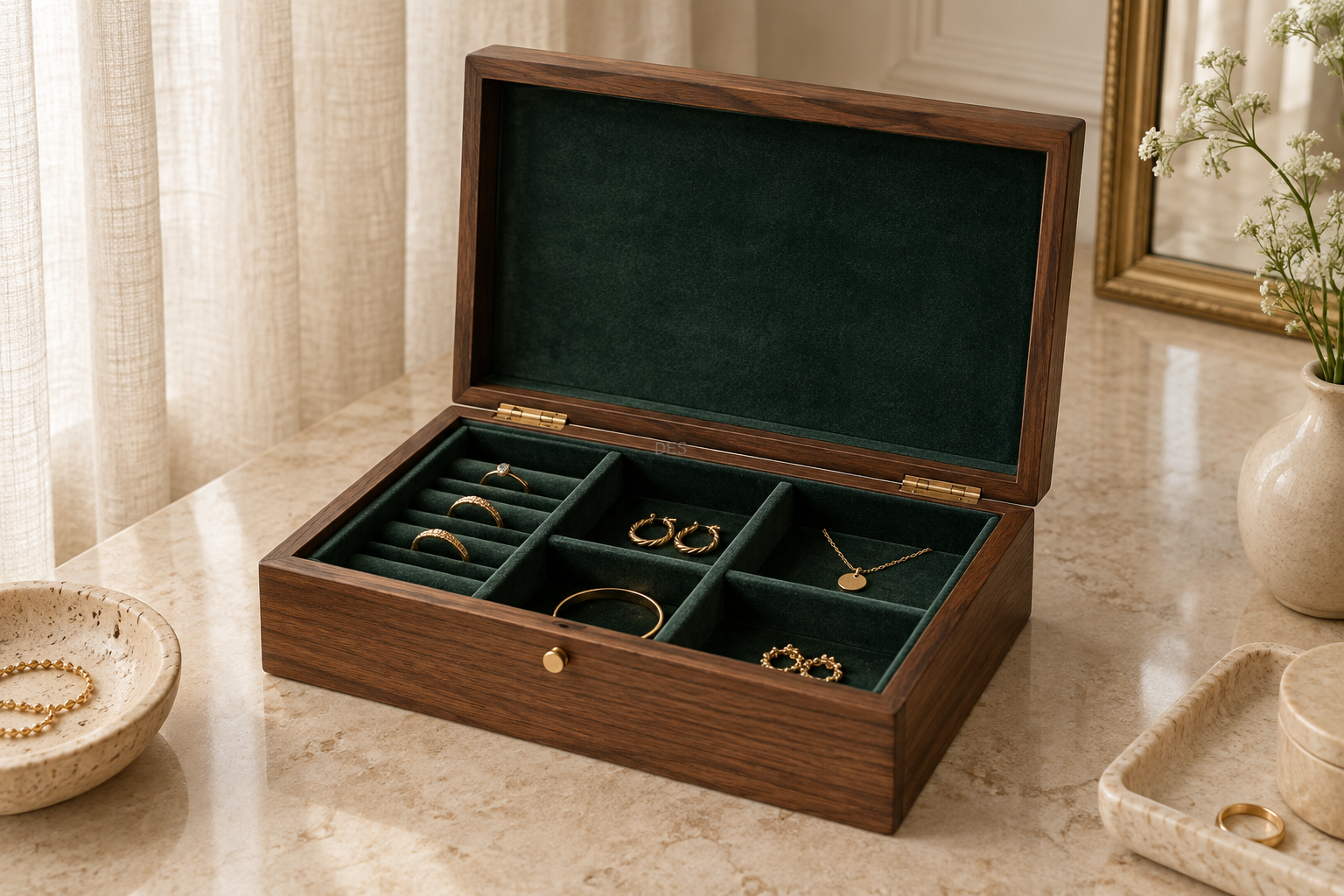 A walnut jewellery box with a deep green interior, compartment tray and considered gift packaging. — AI-generated concept