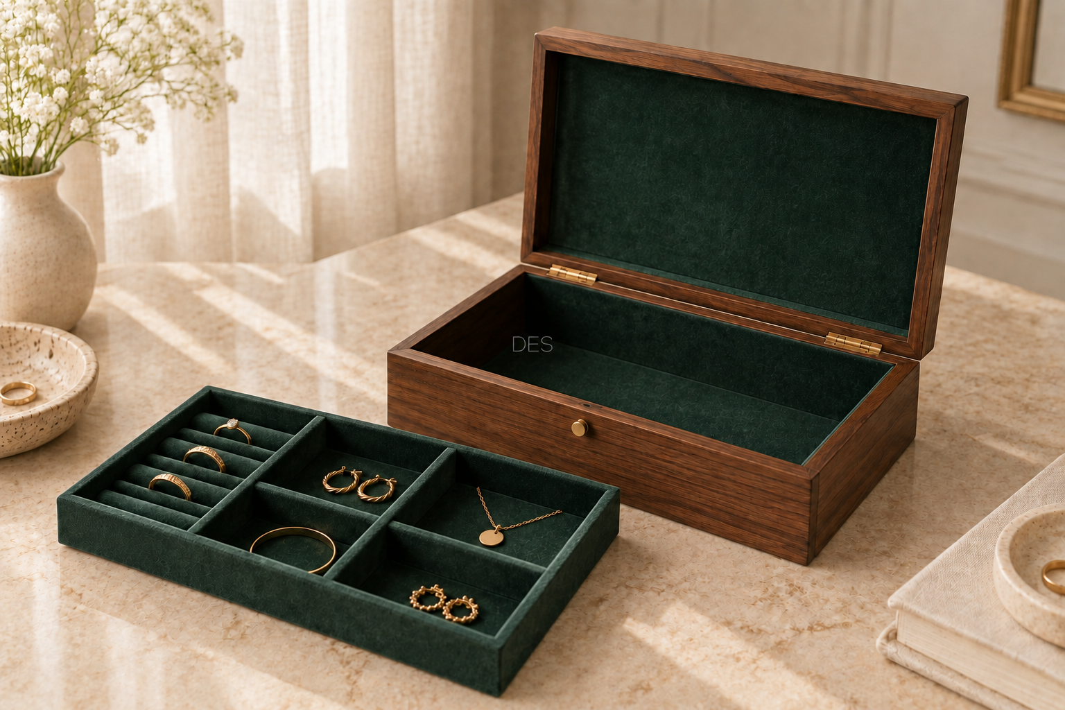 A walnut jewellery box with a deep green interior, compartment tray and considered gift packaging. — AI-generated concept