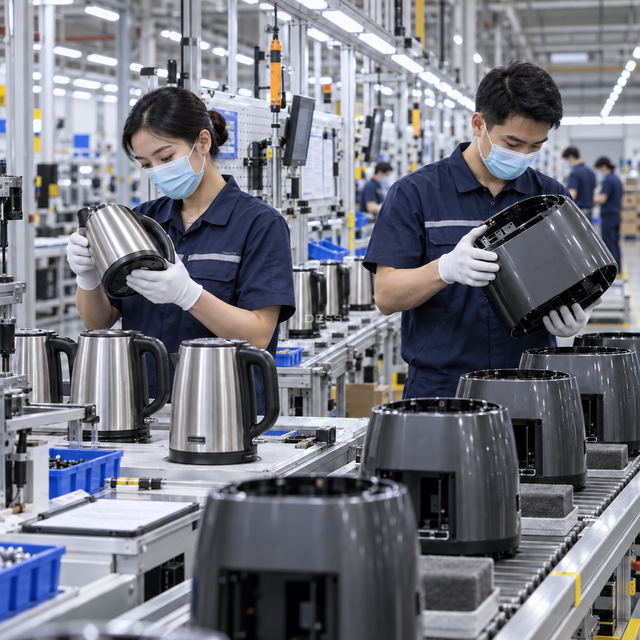 Masked technicians checking appliances on an organized production line — illustrative scene